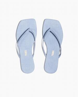 NEW TKEES women's square toe lily flip flops in washed denim